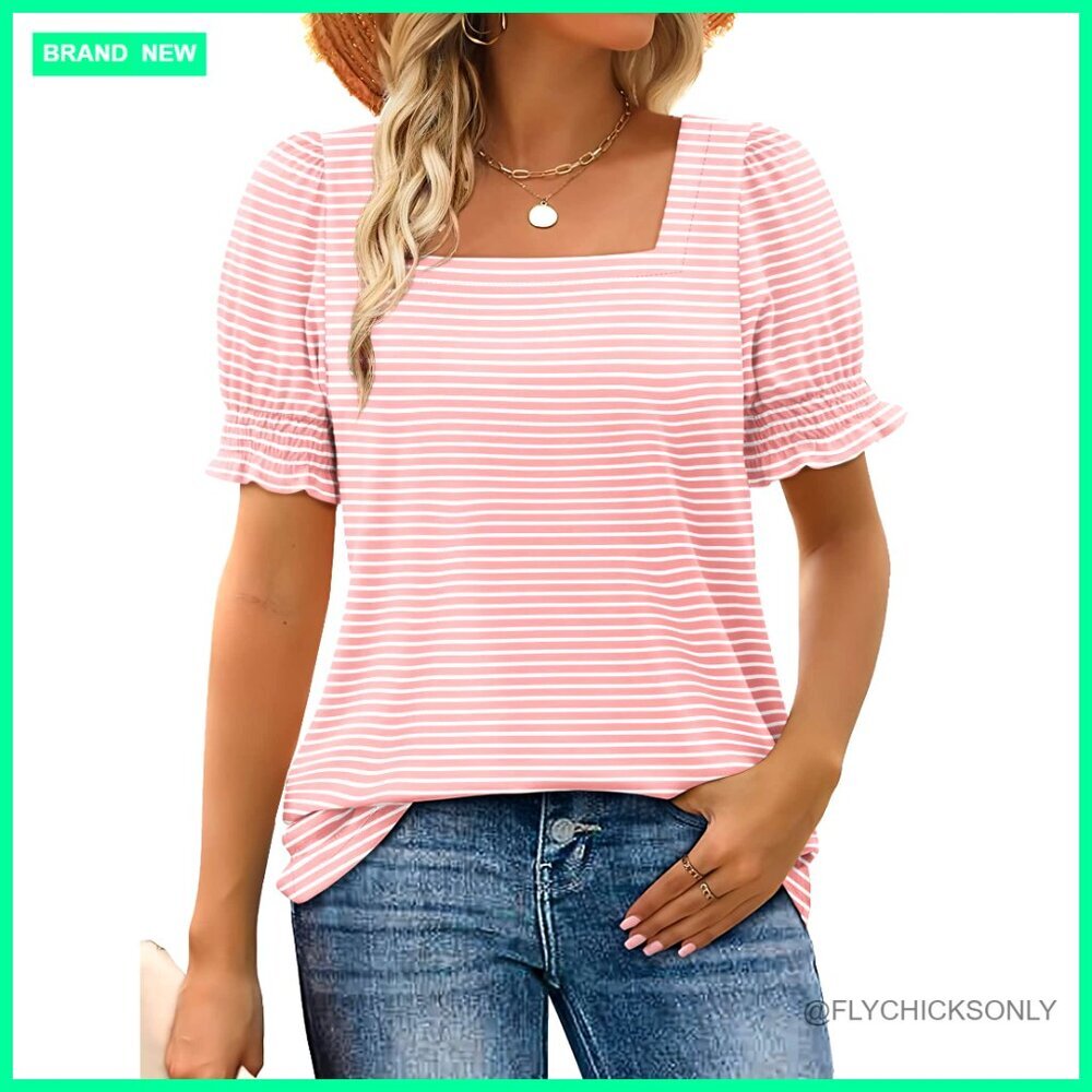Summer Casual T-Shirt with Ruffle Sleeves and Square Neck